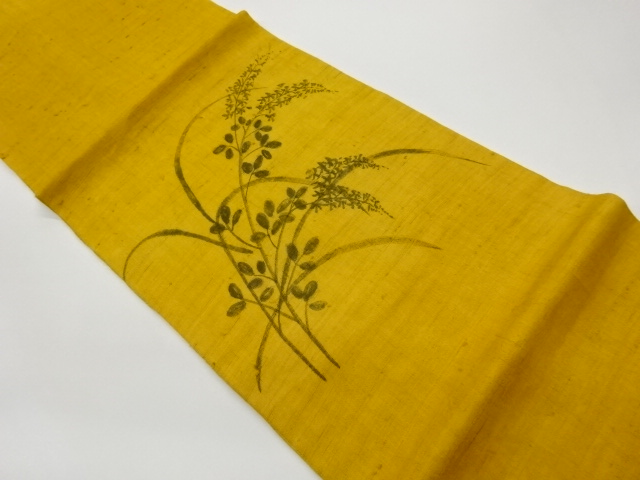 紗紬手描き草花模様開き名古屋帯（額縁仕立て）